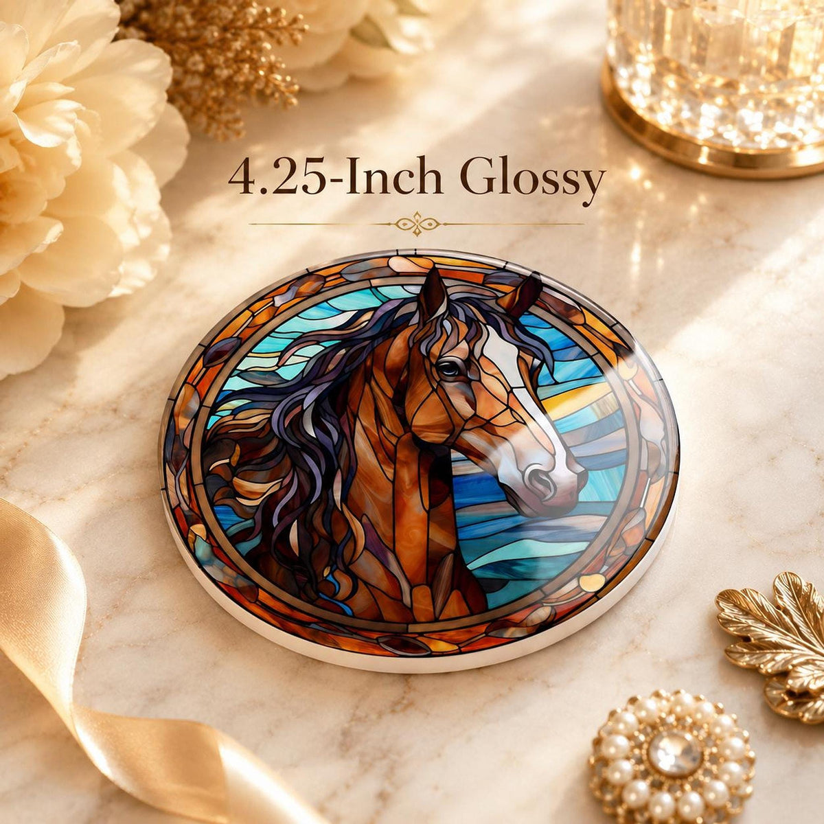 Horse Coaster, Round Ceramic with Art Glass Style Design