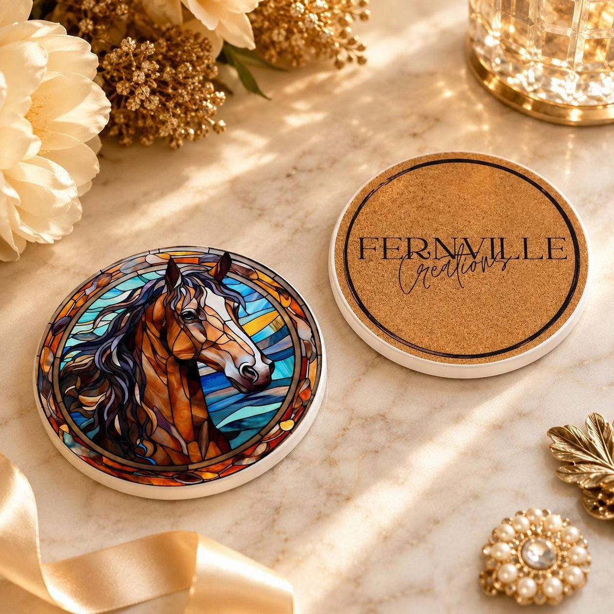 Horse Coaster, Round Ceramic with Art Glass Style Design