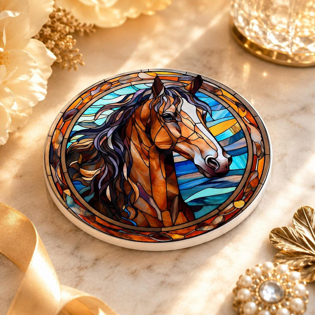 Horse Coaster, Round Ceramic with Art Glass Style Design