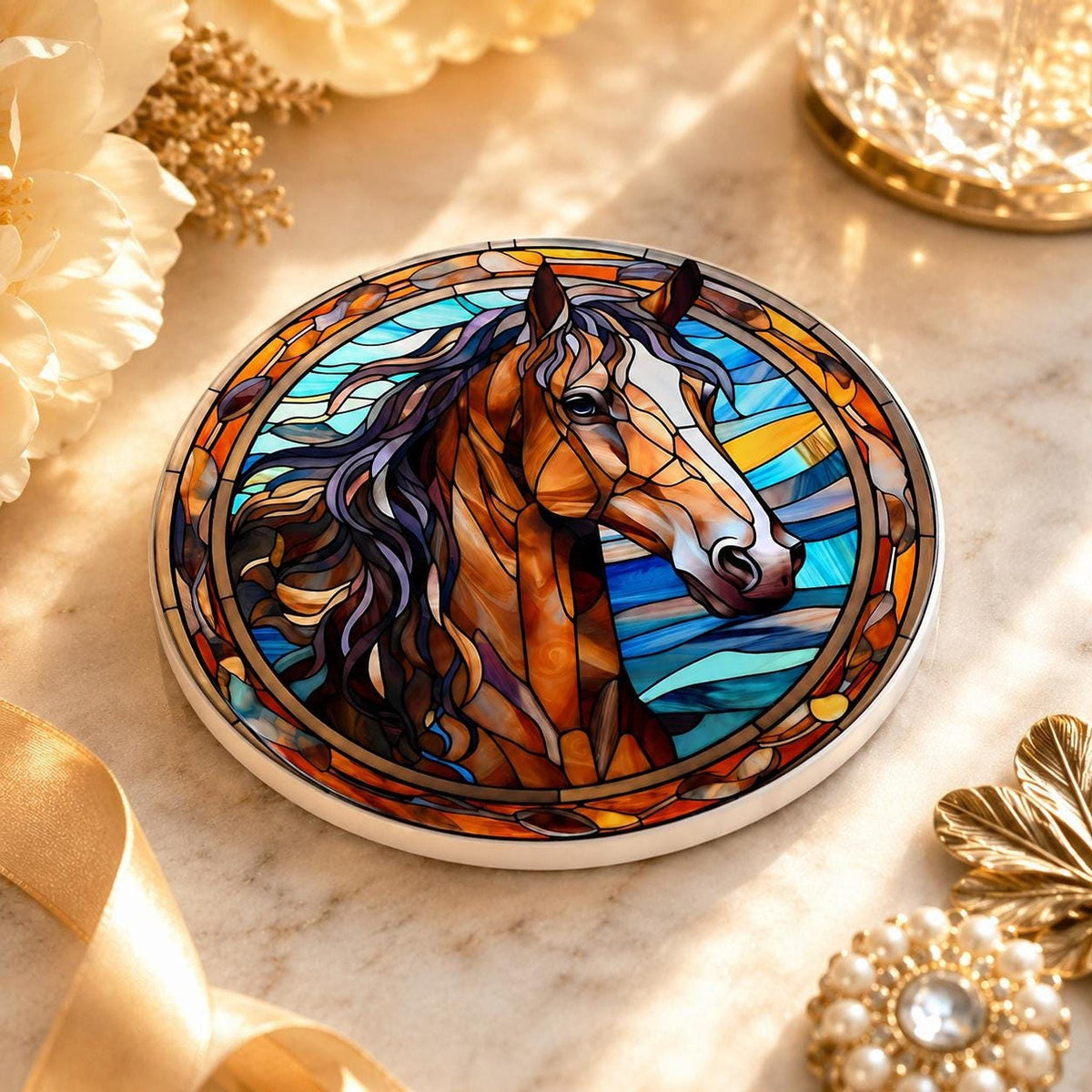 Horse Coaster, Round Ceramic with Art Glass Style Design
