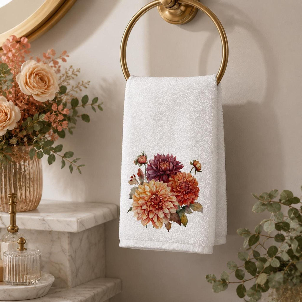 Fall Hand Towel with Autumn Dahlia Floral Design, Elegant Guest