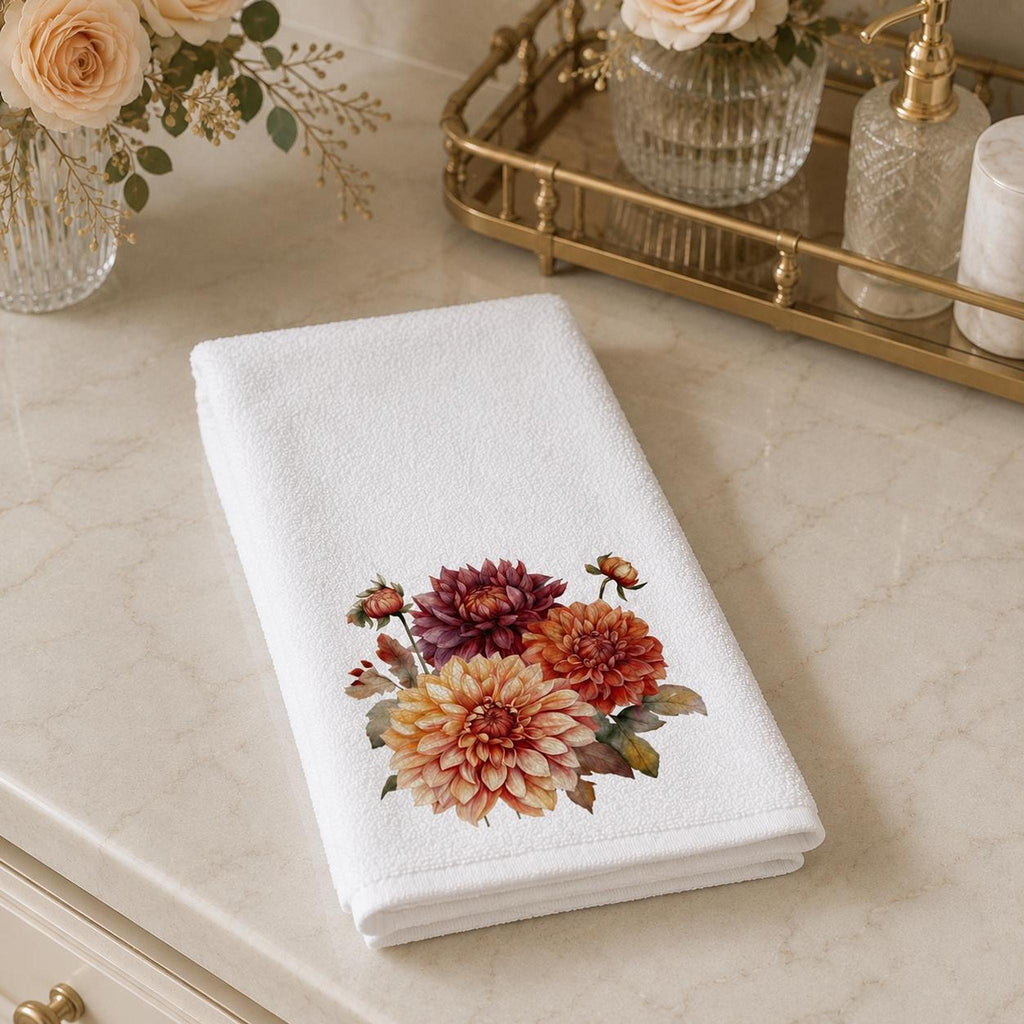 Fall Hand Towel with Autumn Dahlia Floral Design, Elegant Guest