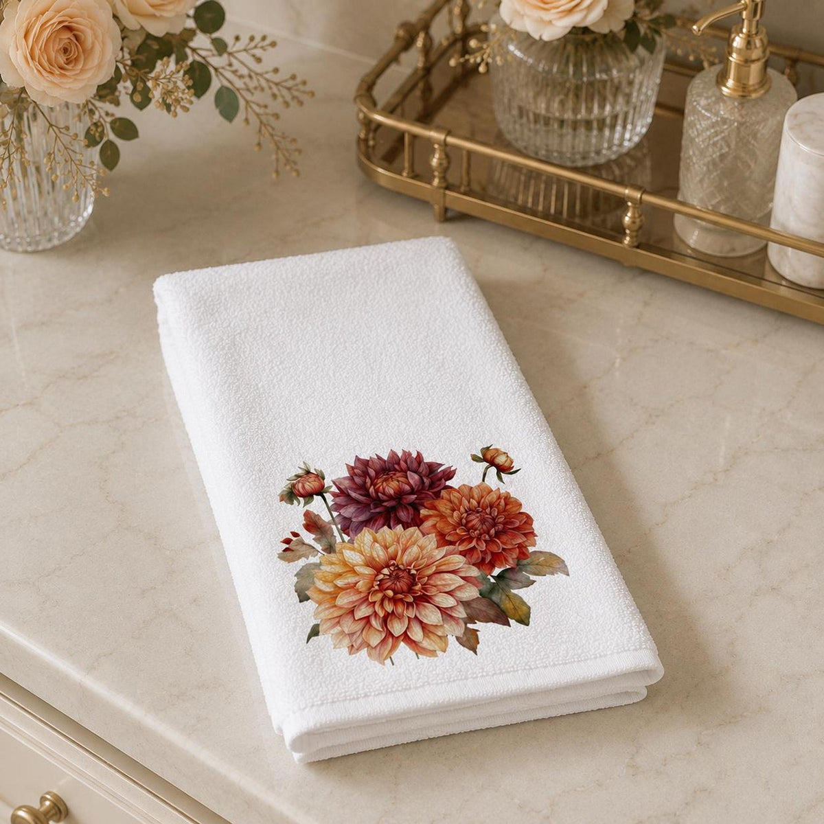 Fall Hand Towel with Autumn Dahlia Floral Design, Elegant Guest