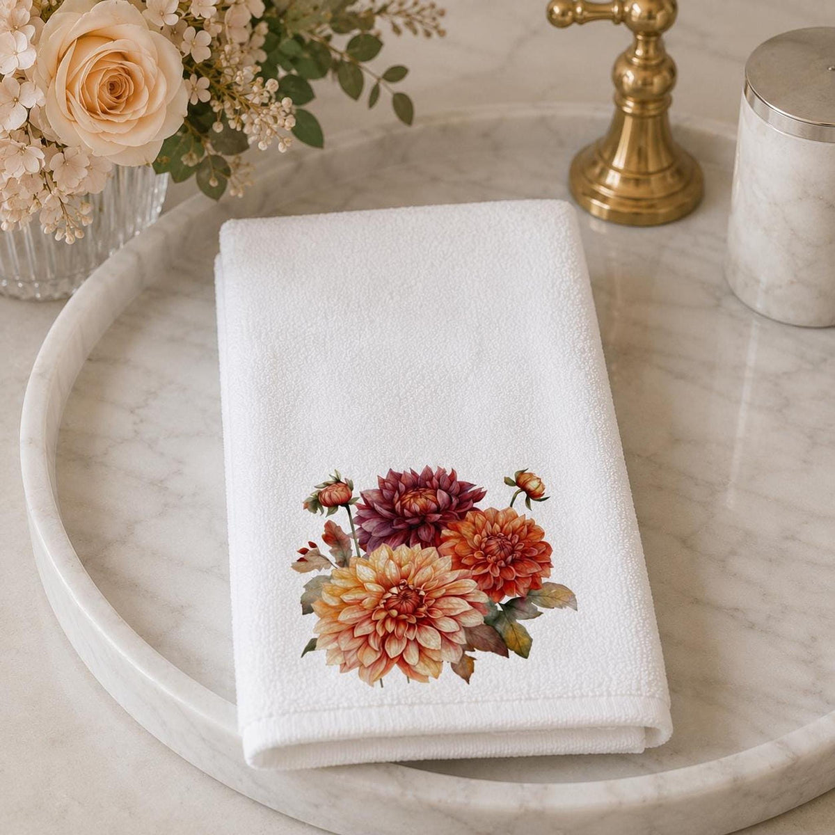 Fall Hand Towel with Autumn Dahlia Floral Design, Elegant Guest