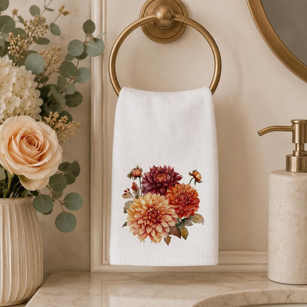 Fall Hand Towel with Autumn Dahlia Floral Design, Elegant Guest