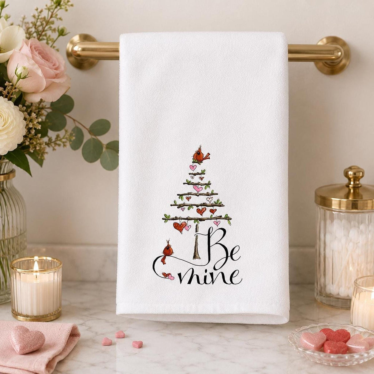 Valentine Hand Towel with Cardinals, Be Mine Design for Bathroom Decor