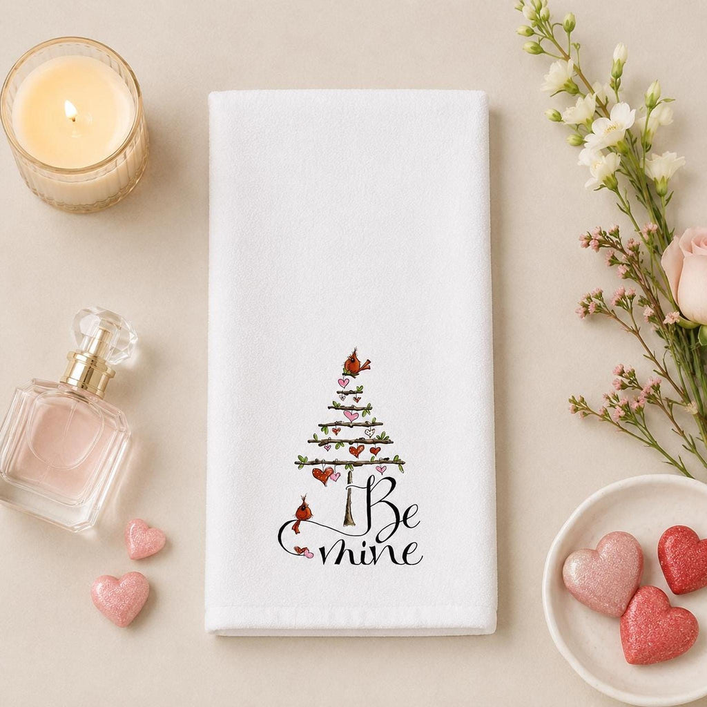 Valentine Hand Towel with Cardinals, Be Mine Design for Bathroom Decor