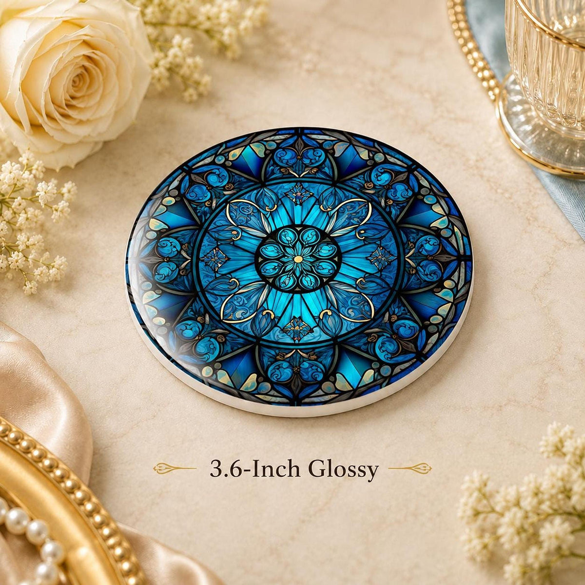 Blue Mandala Coaster, Ceramic Table Decor with Glossy or Matte Finish