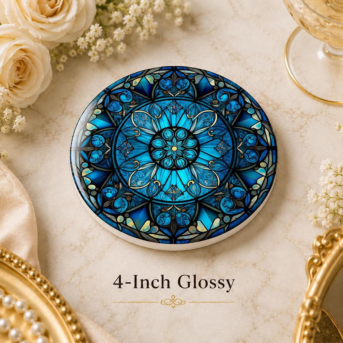 Blue Mandala Coaster, Ceramic Table Decor with Glossy or Matte Finish