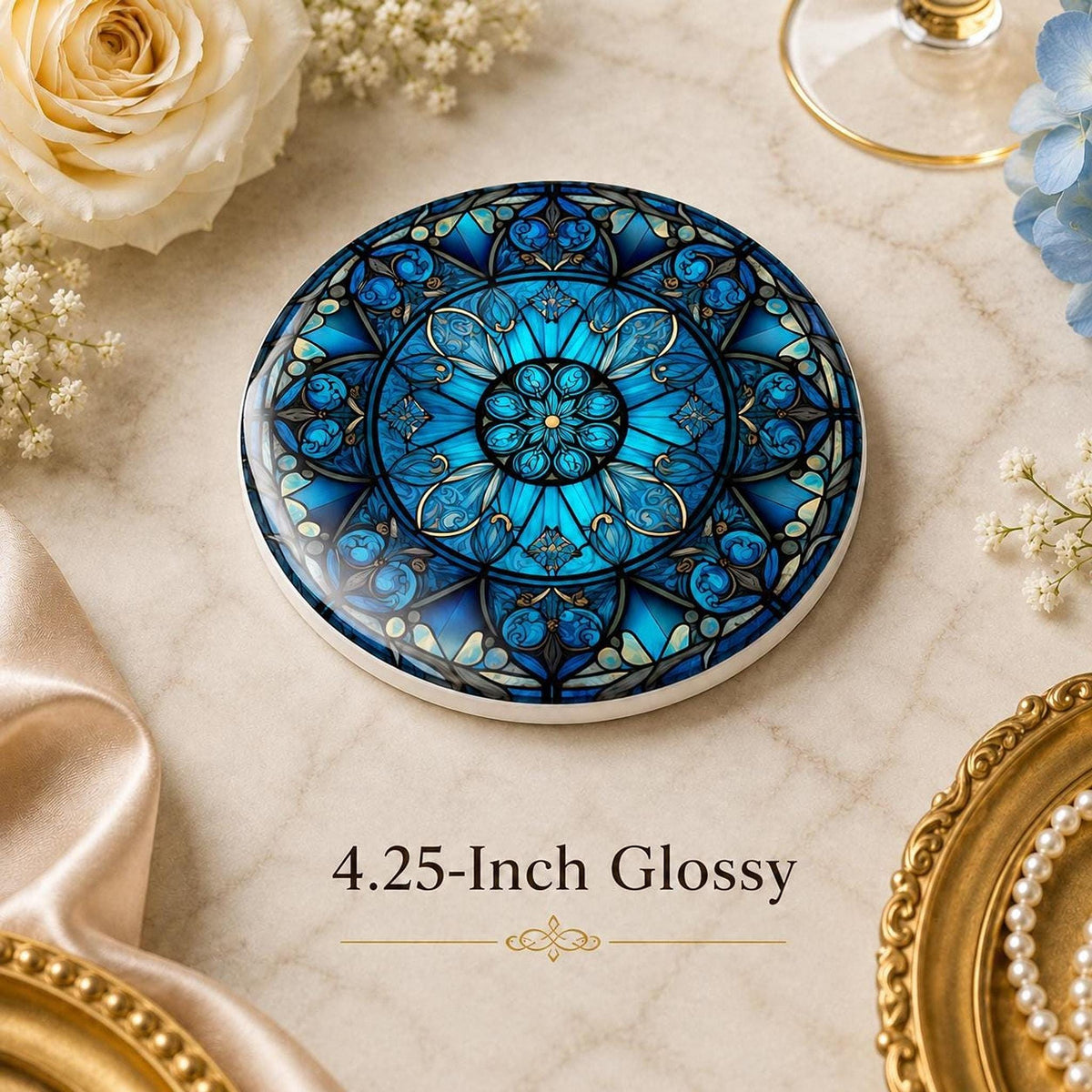 Blue Mandala Coaster, Ceramic Table Decor with Glossy or Matte Finish