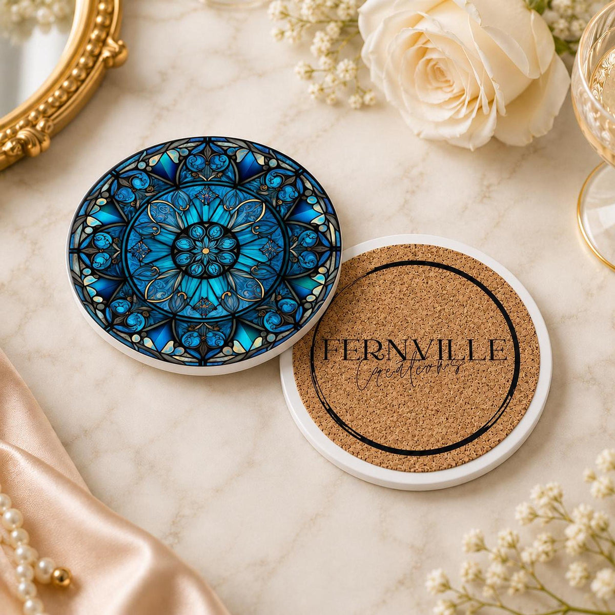 Blue Mandala Coaster, Ceramic Table Decor with Glossy or Matte Finish