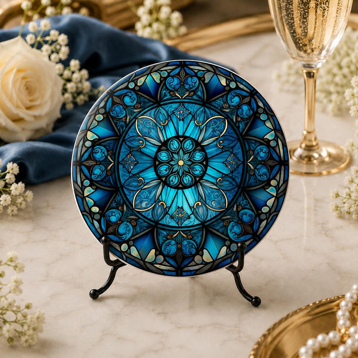 Blue Mandala Coaster, Ceramic Table Decor with Glossy or Matte Finish
