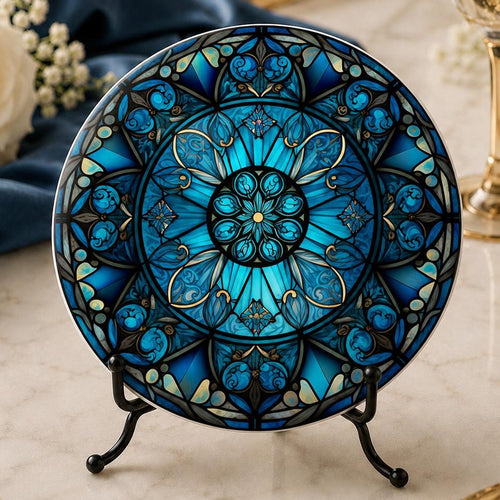 Blue Mandala Coaster, Ceramic Table Decor with Glossy or Matte Finish