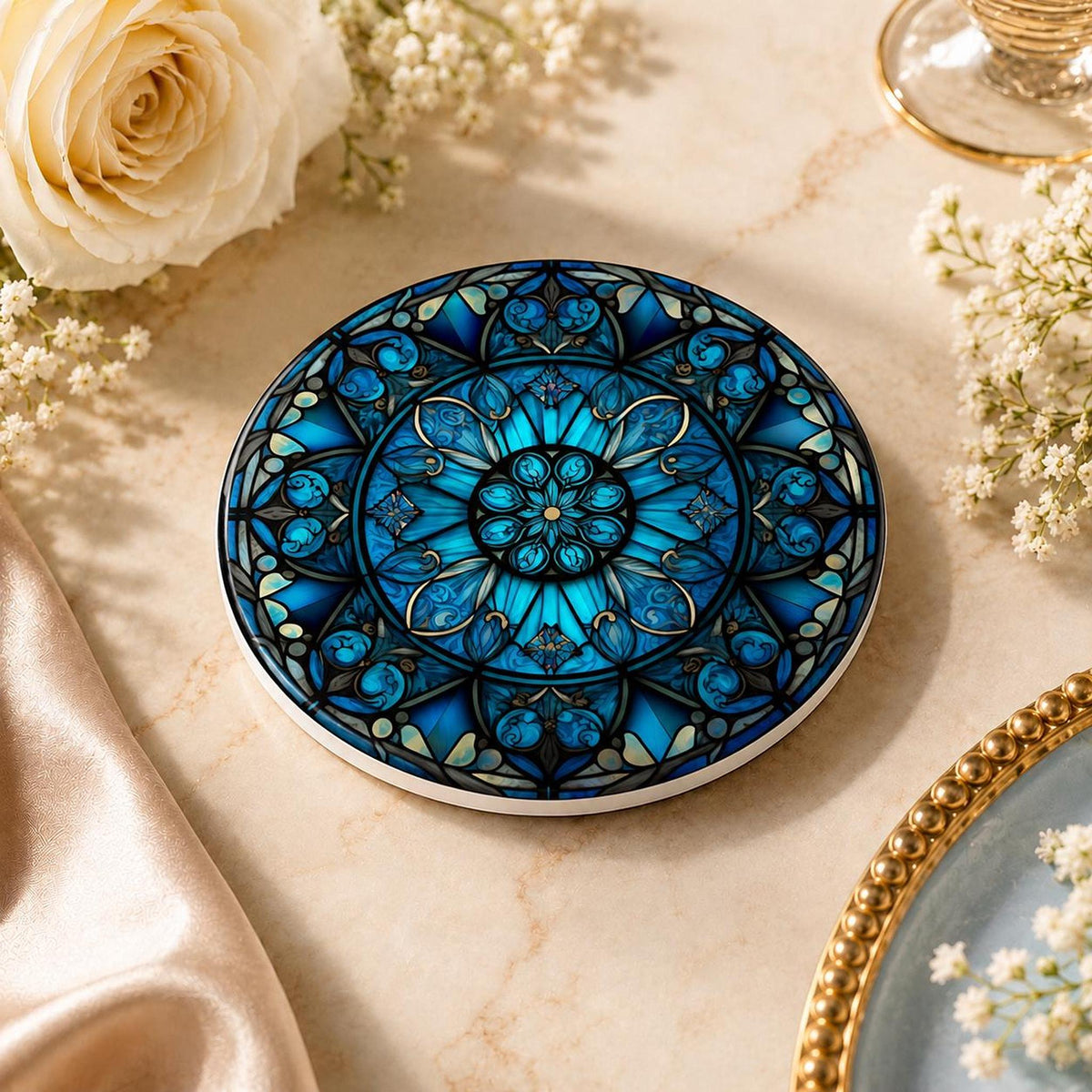 Blue Mandala Coaster, Ceramic Table Decor with Glossy or Matte Finish