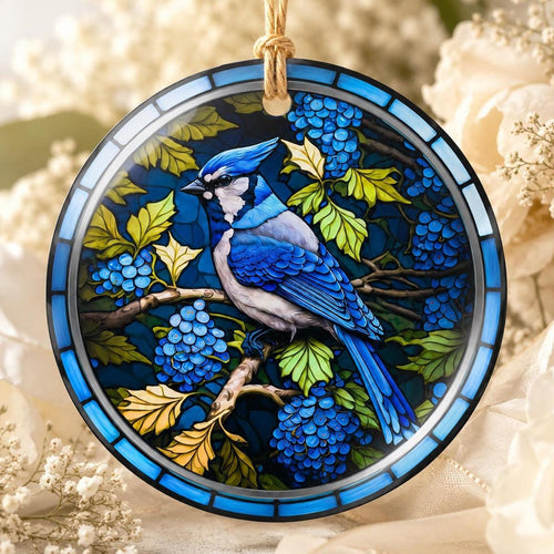 Blue Jay Ornament, Ceramic Bird Decor with Leaded Glass Design