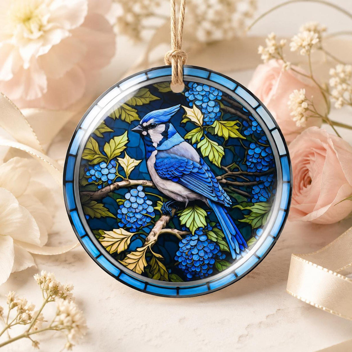 Blue Jay Ornament, Ceramic Bird Decor with Leaded Glass Design