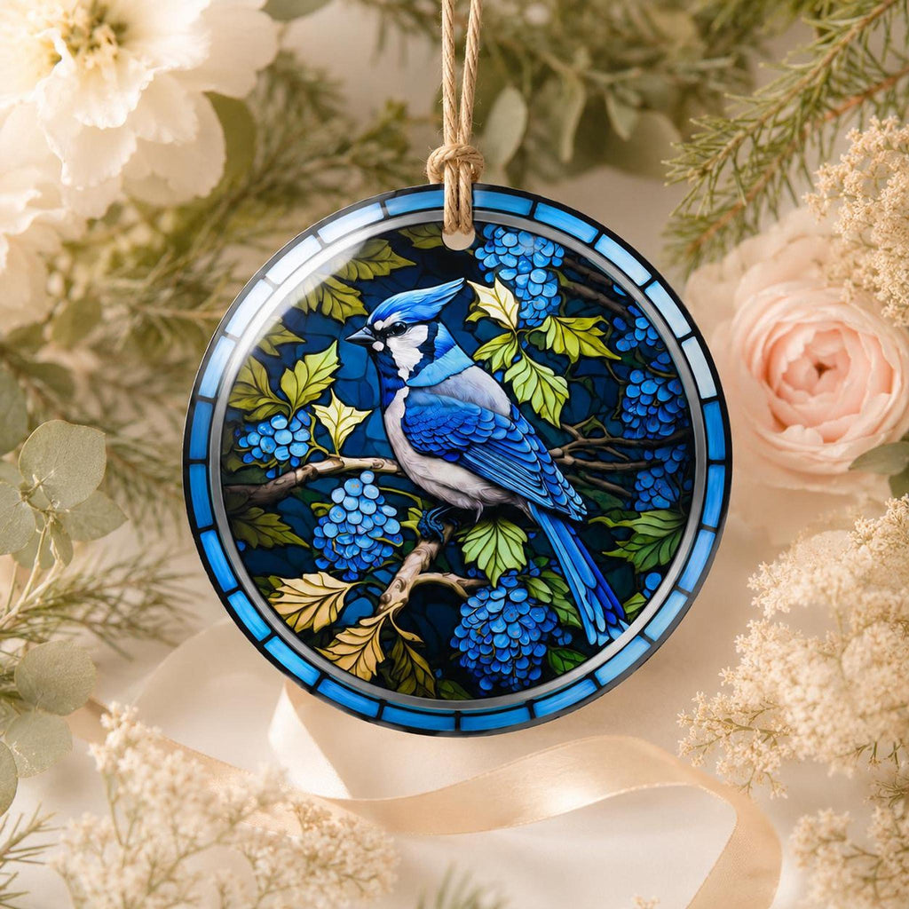 Blue Jay Ornament, Ceramic Bird Decor with Leaded Glass Design