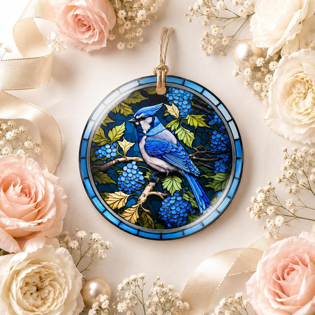 Blue Jay Ornament, Ceramic Bird Decor with Leaded Glass Design