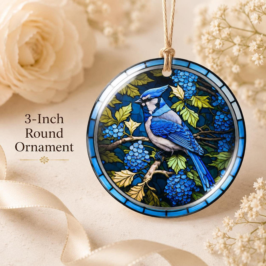 Blue Jay Ornament, Ceramic Bird Decor with Leaded Glass Design