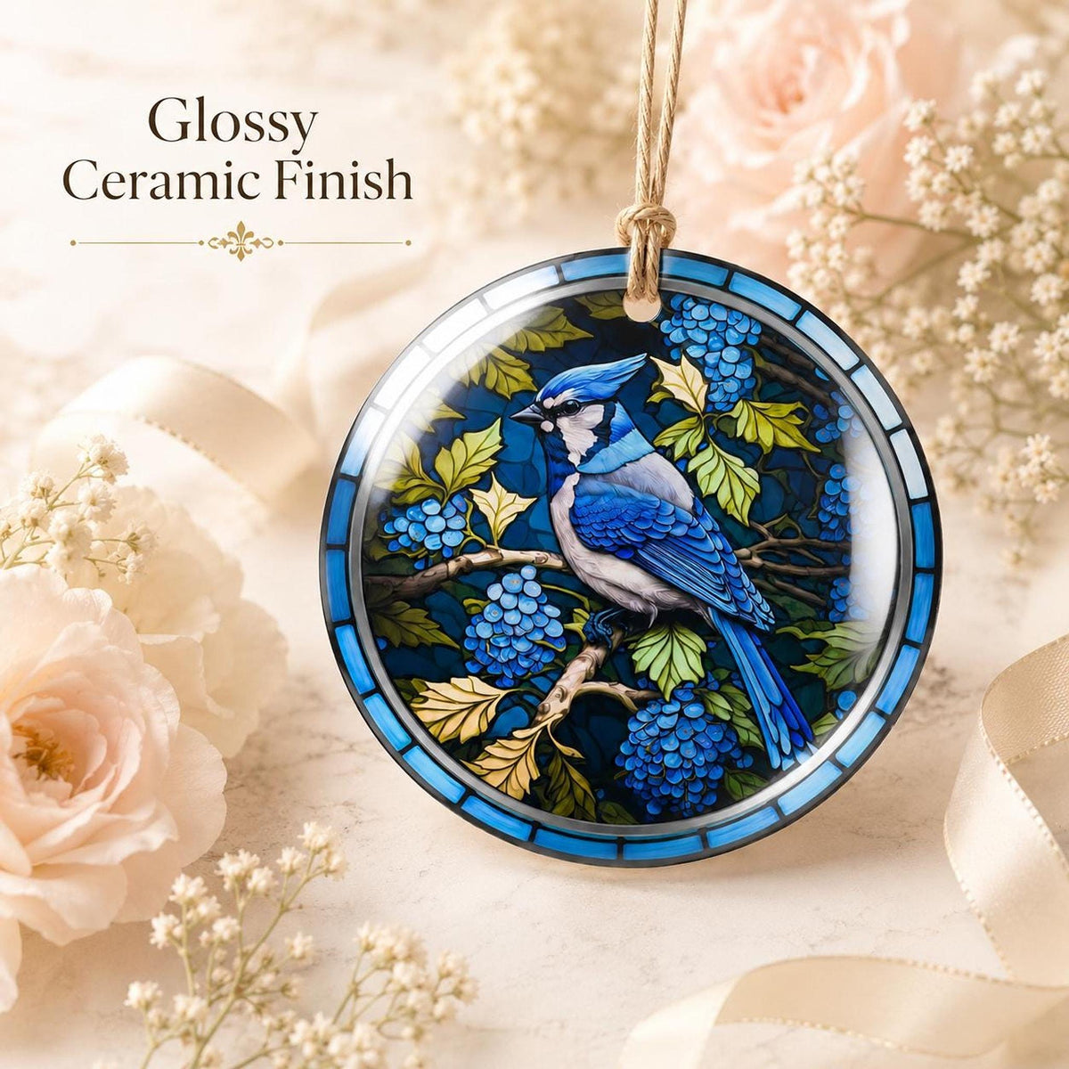 Blue Jay Ornament, Ceramic Bird Decor with Leaded Glass Design
