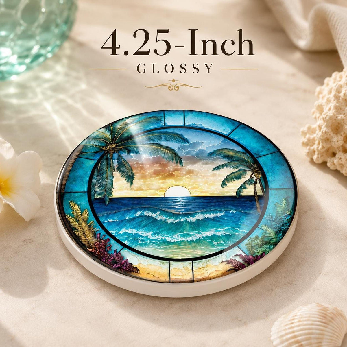 Tropical Sunset Ceramic Coaster Set, Coastal Art Drink Holders with Palm Trees