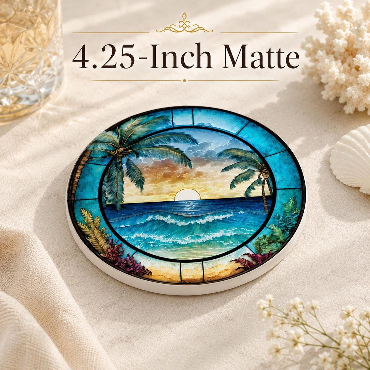 Tropical Sunset Ceramic Coaster Set, Coastal Art Drink Holders with Palm Trees