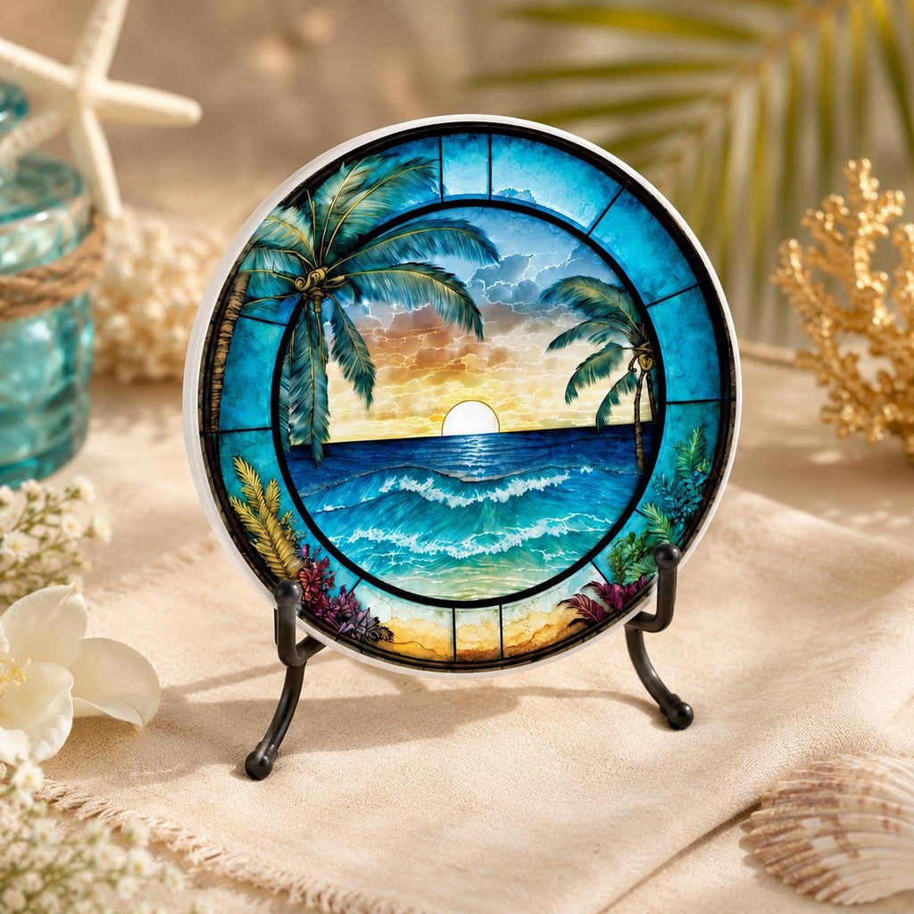 Tropical Sunset Ceramic Coaster Set, Coastal Art Drink Holders with Palm Trees