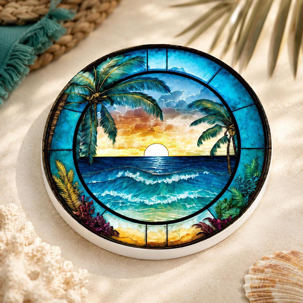 Tropical Sunset Ceramic Coaster Set, Coastal Art Drink Holders with Palm Trees
