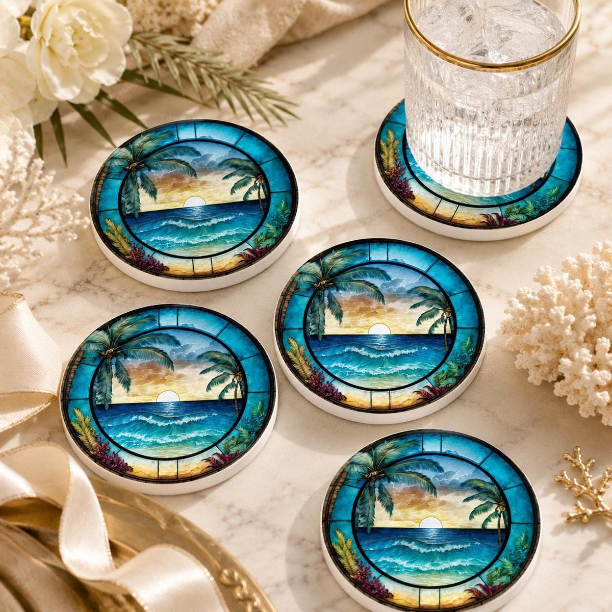 Tropical Sunset Ceramic Coaster Set, Coastal Art Drink Holders with Palm Trees