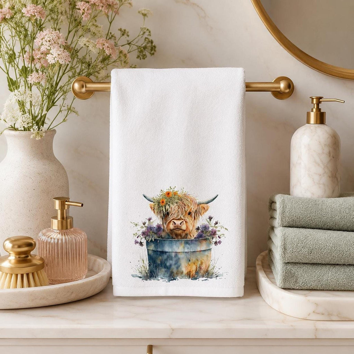 Highland Cow Hand Towel, Floral White Towel for Powder Room Decor