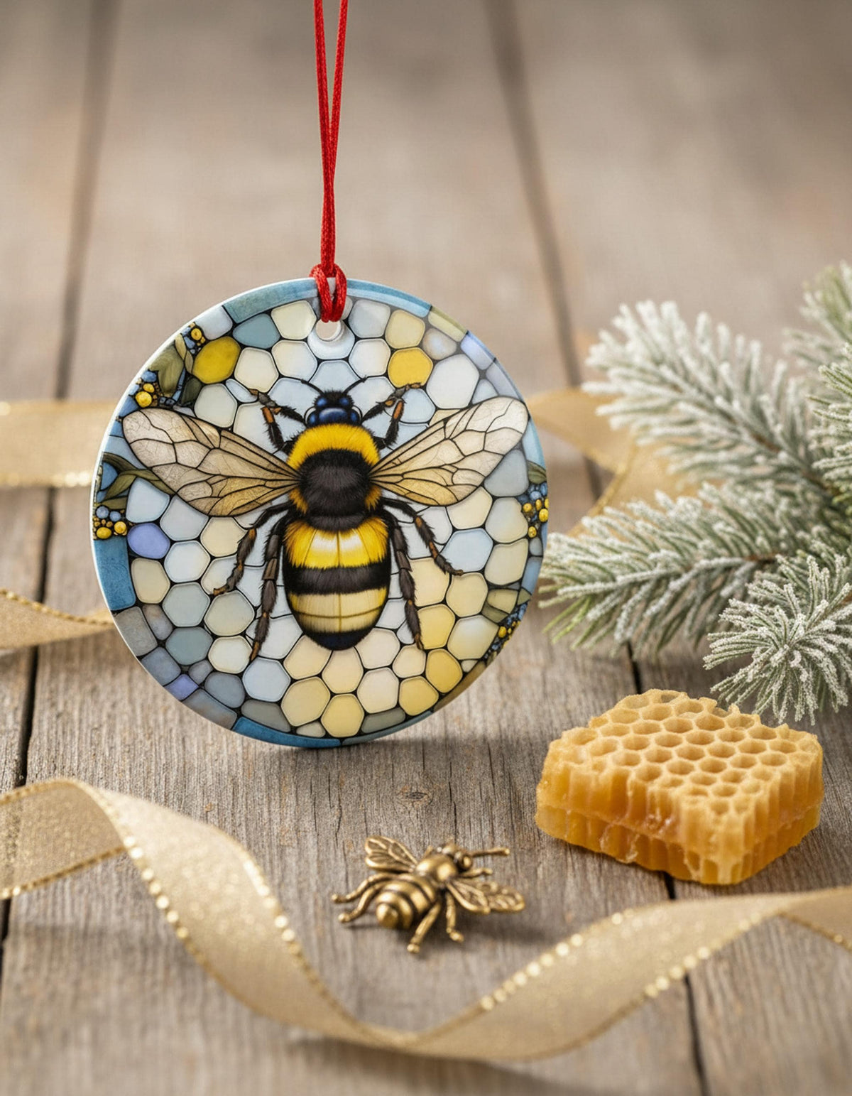 Bumblebee Ornament, Honeycomb Ceramic Decor with Bee Motif