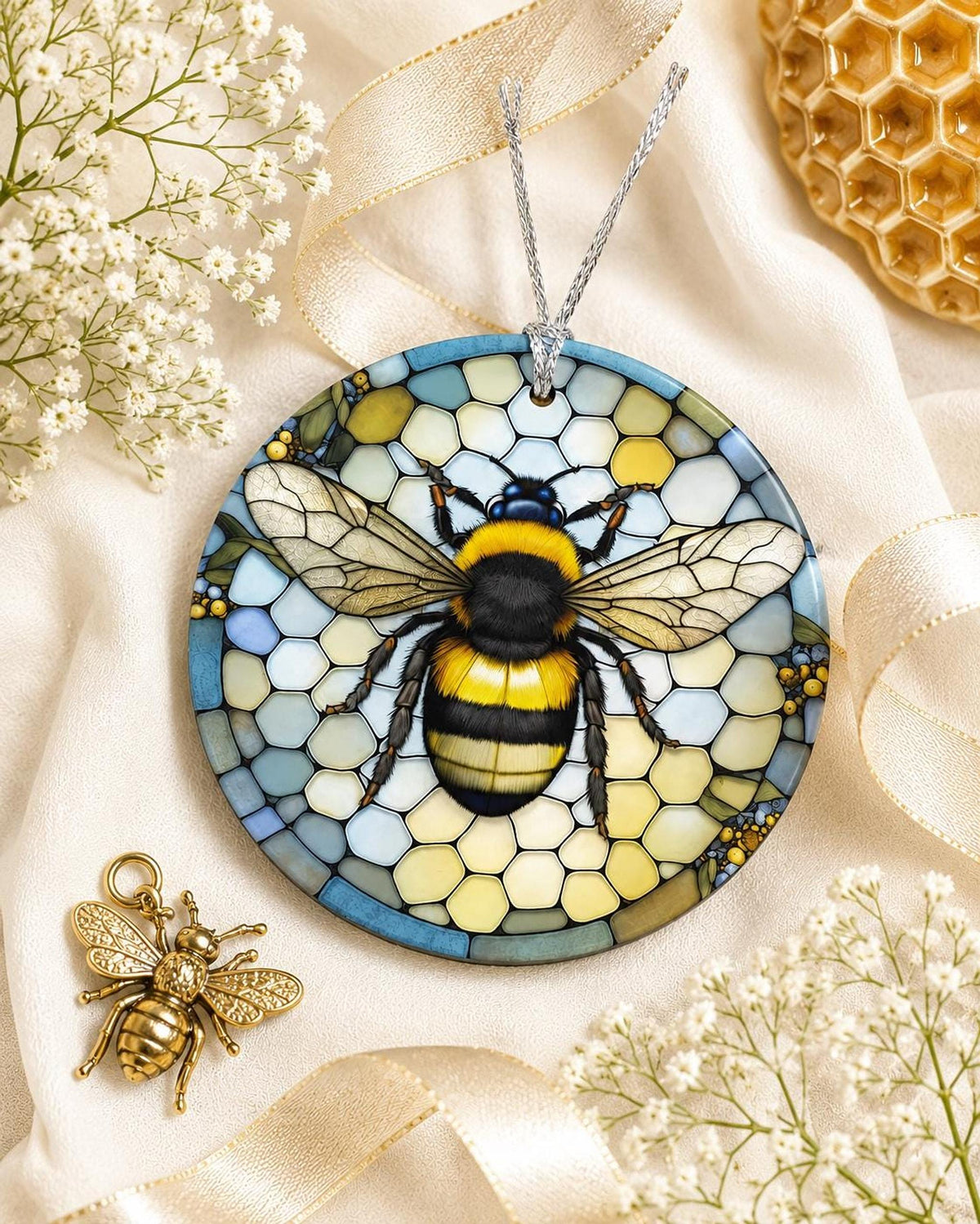 Bumblebee Ornament, Honeycomb Ceramic Decor with Bee Motif
