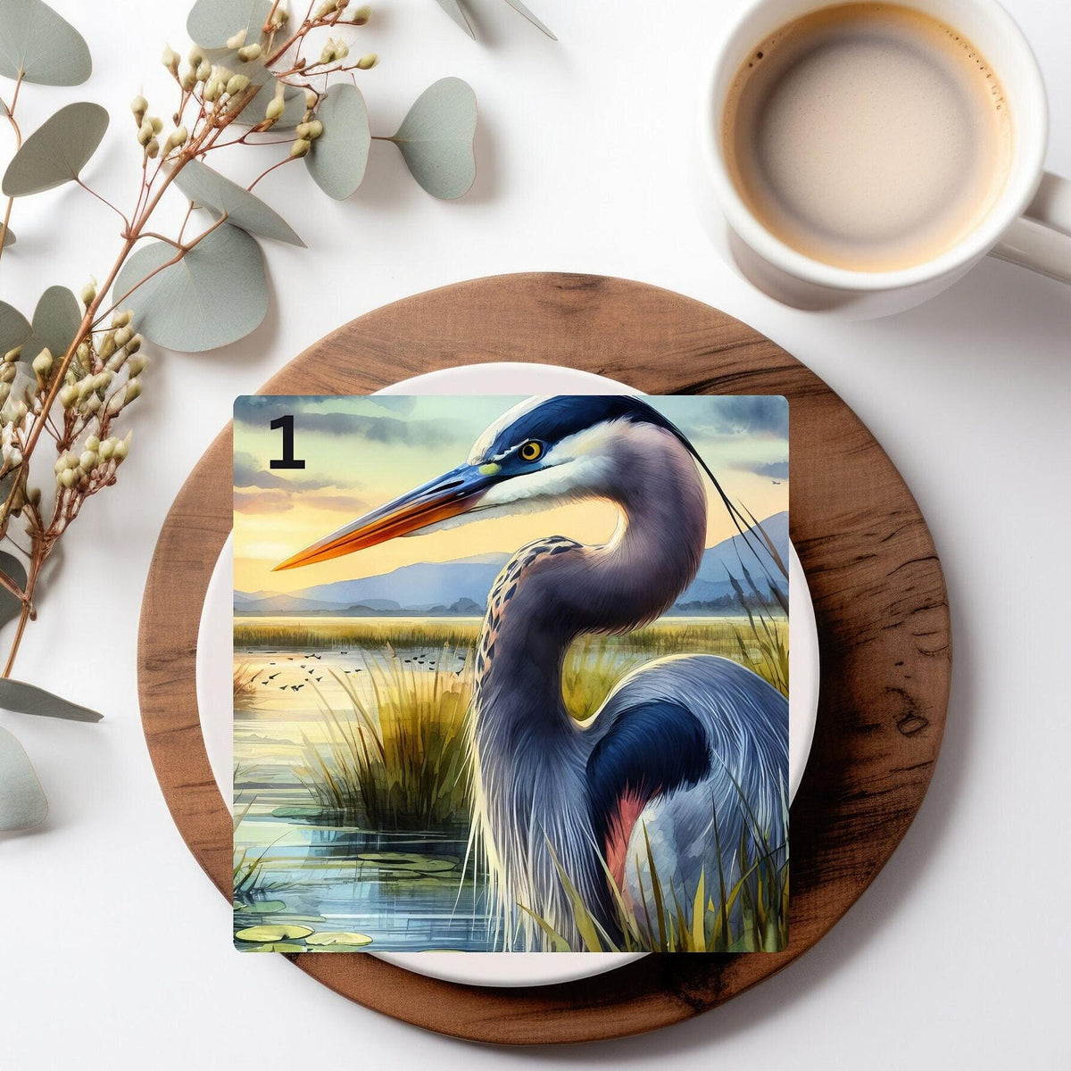 Blue Heron Coaster, Ceramic Nature Decor with Glossy Finish