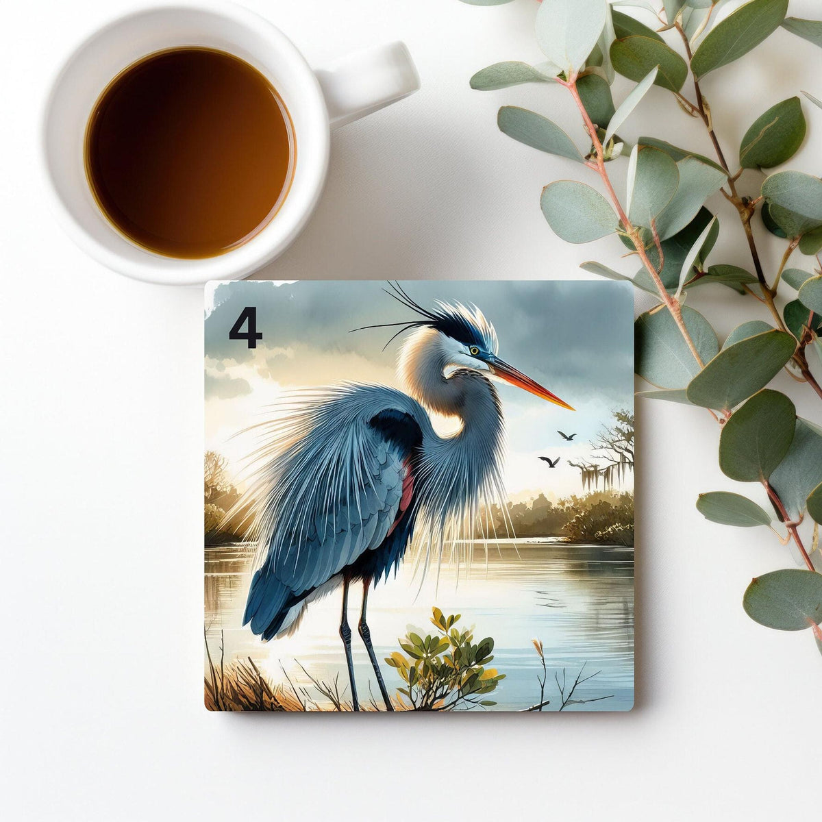 Blue Heron Coaster, Ceramic Nature Decor with Glossy Finish
