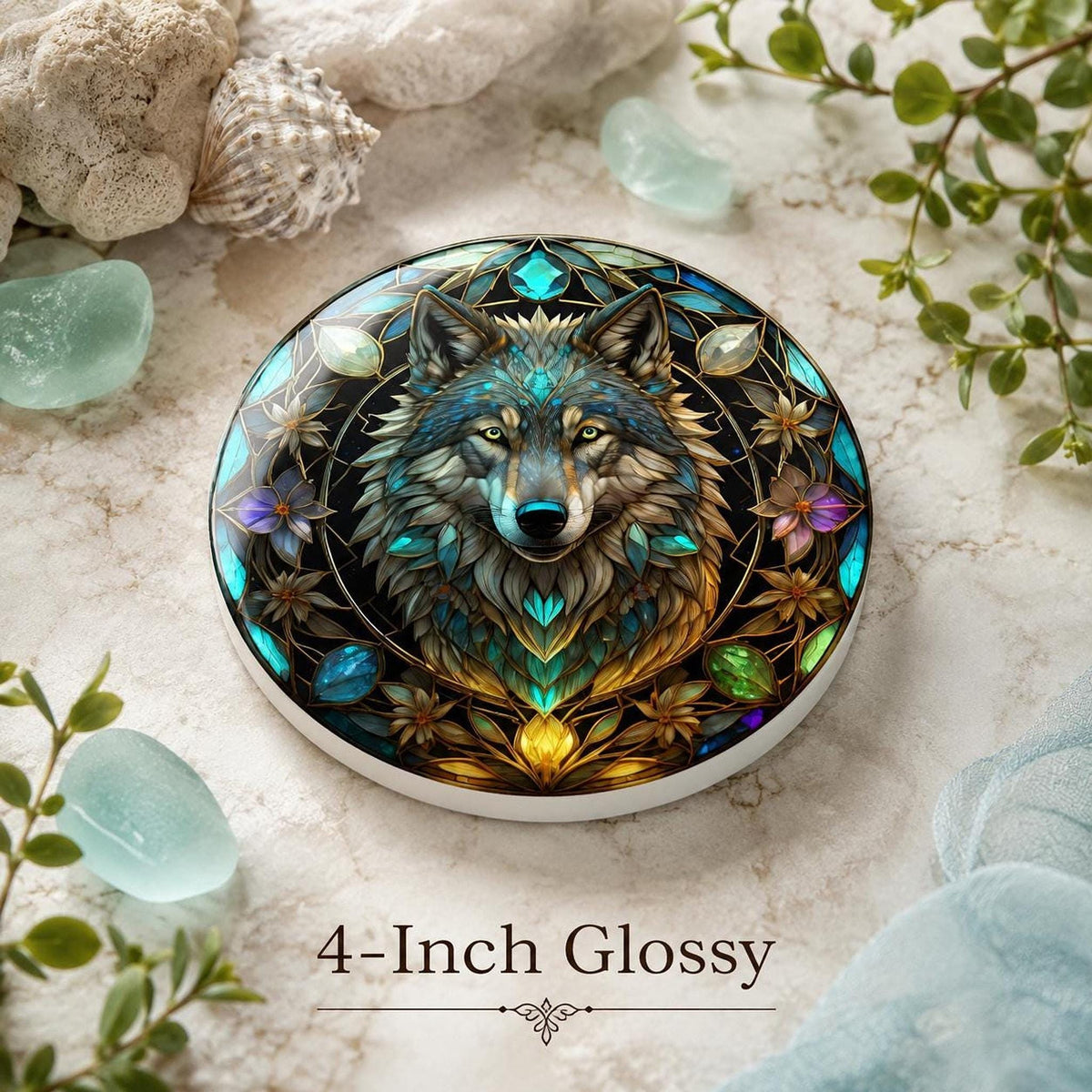 Wolf Coaster, Round Ceramic with Botanical Design, Custom Size Options and Finish