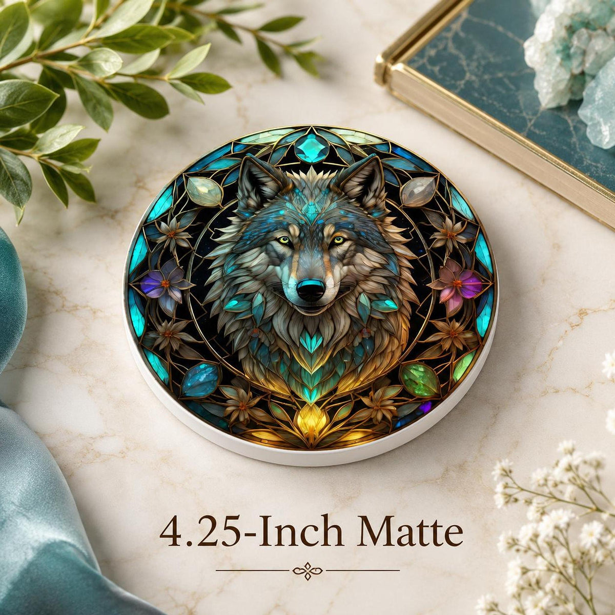 Wolf Coaster, Round Ceramic with Botanical Design, Custom Size Options and Finish