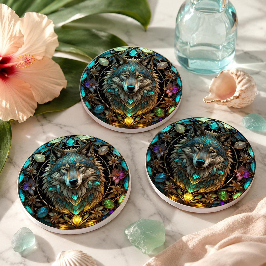 Wolf Coaster, Round Ceramic with Botanical Design, Custom Size Options and Finish