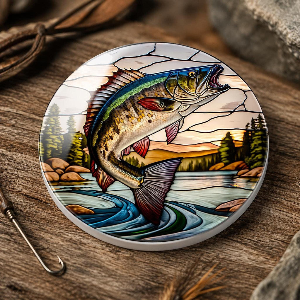 Fishing Coaster, Round Ceramic with Leaping Fish Design