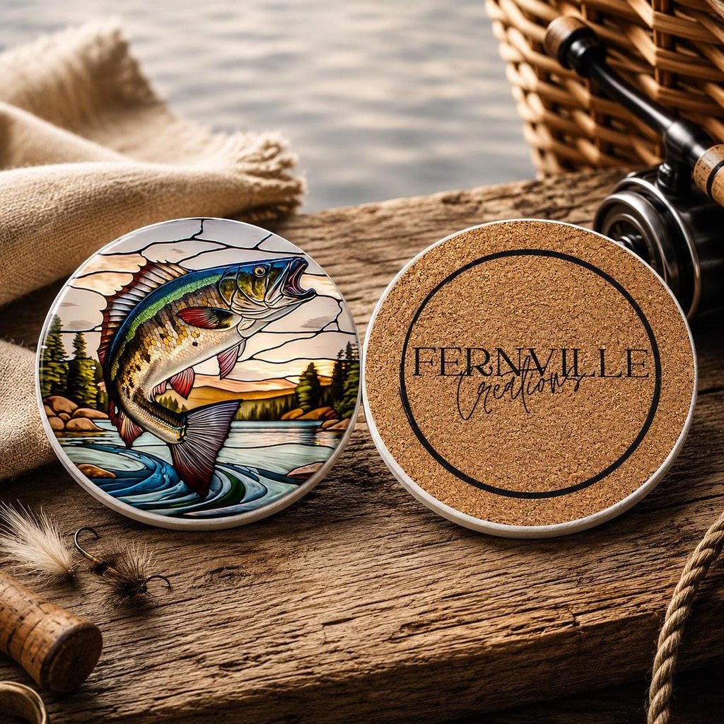 Fishing Coaster, Round Ceramic with Leaping Fish Design