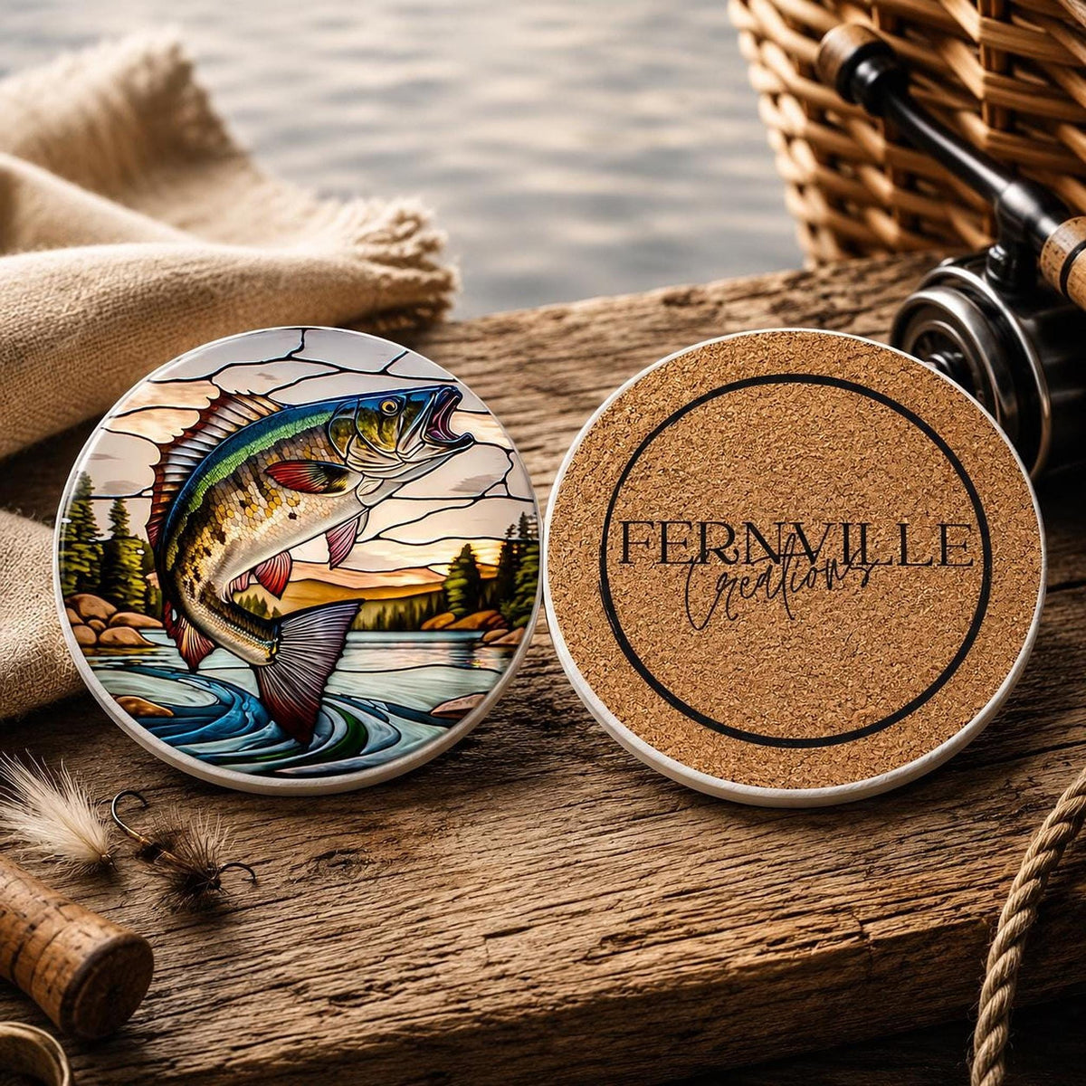 Fishing Coaster, Round Ceramic with Leaping Fish Design