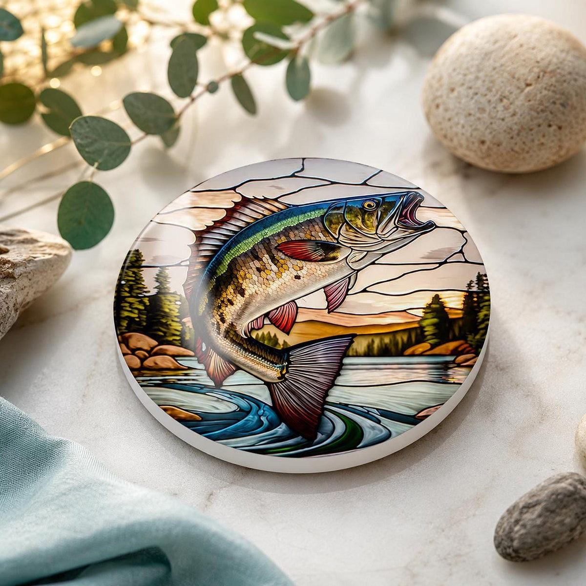 Fishing Coaster, Round Ceramic with Leaping Fish Design