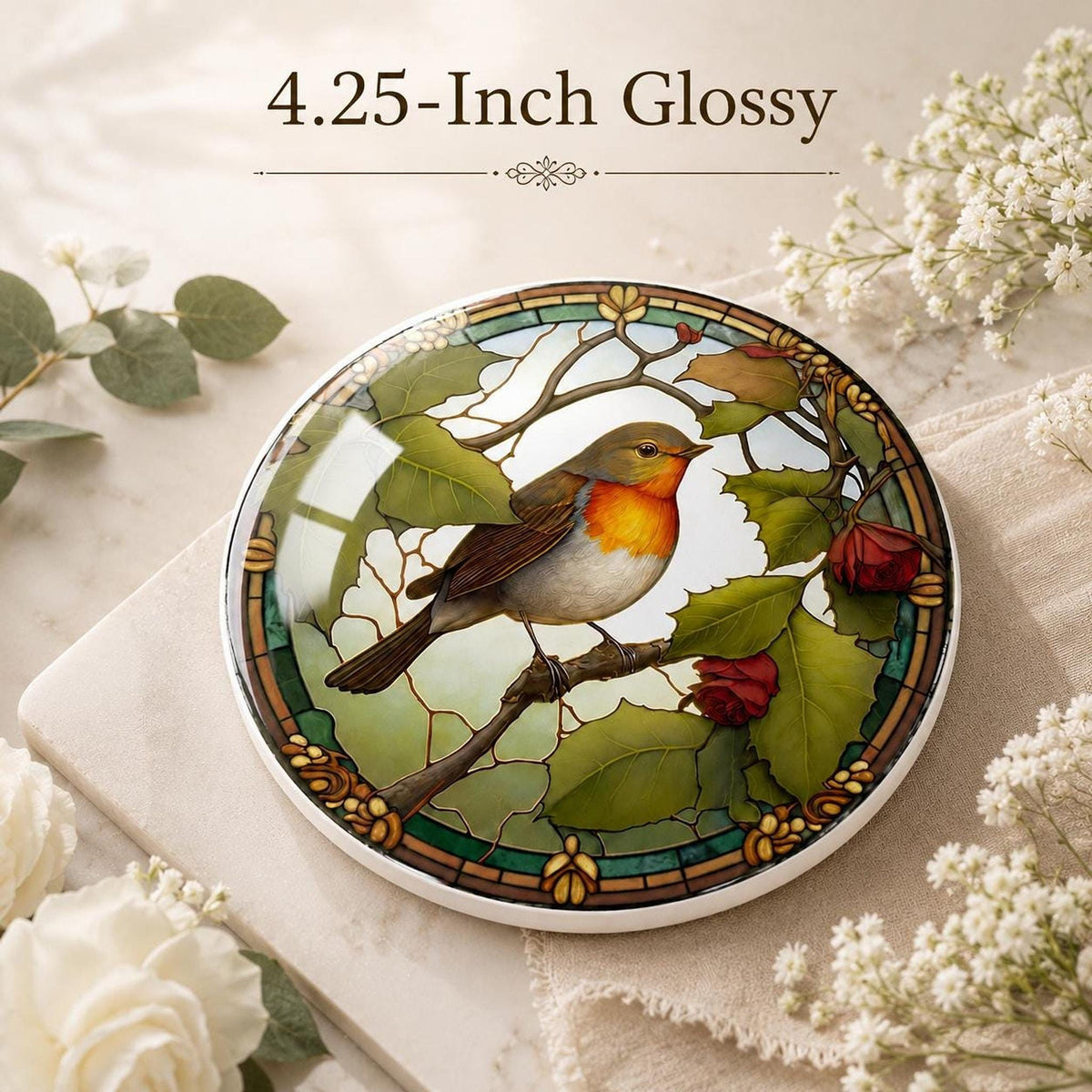 Robin Coaster, Round Ceramic Table Mat with Botanical Design