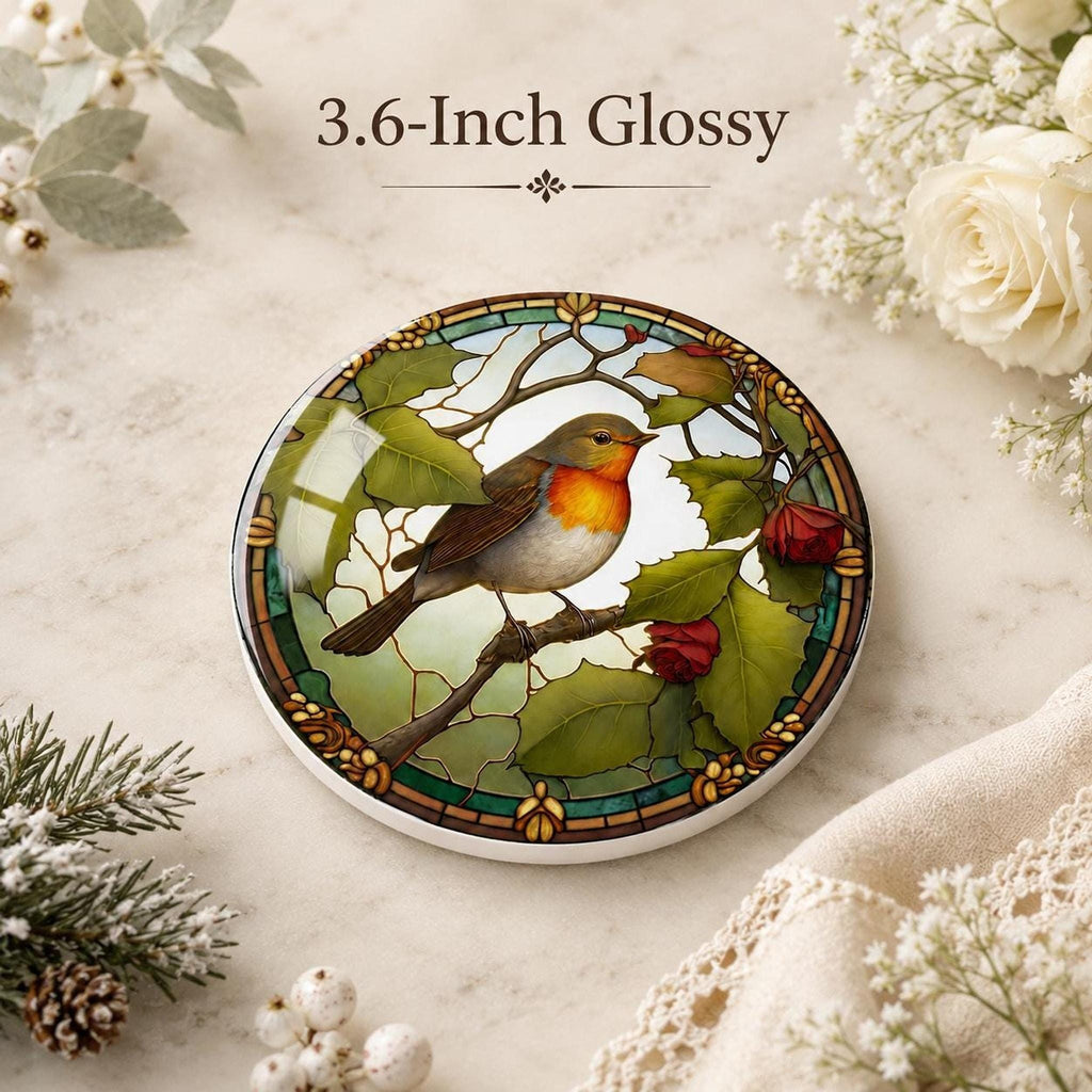 Robin Coaster, Round Ceramic Table Mat with Botanical Design