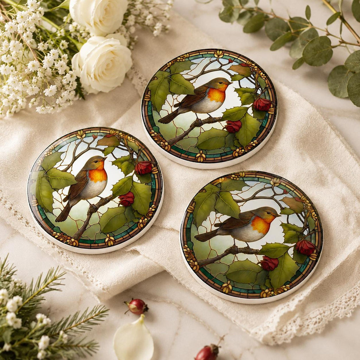 Robin Coaster, Round Ceramic Table Mat with Botanical Design