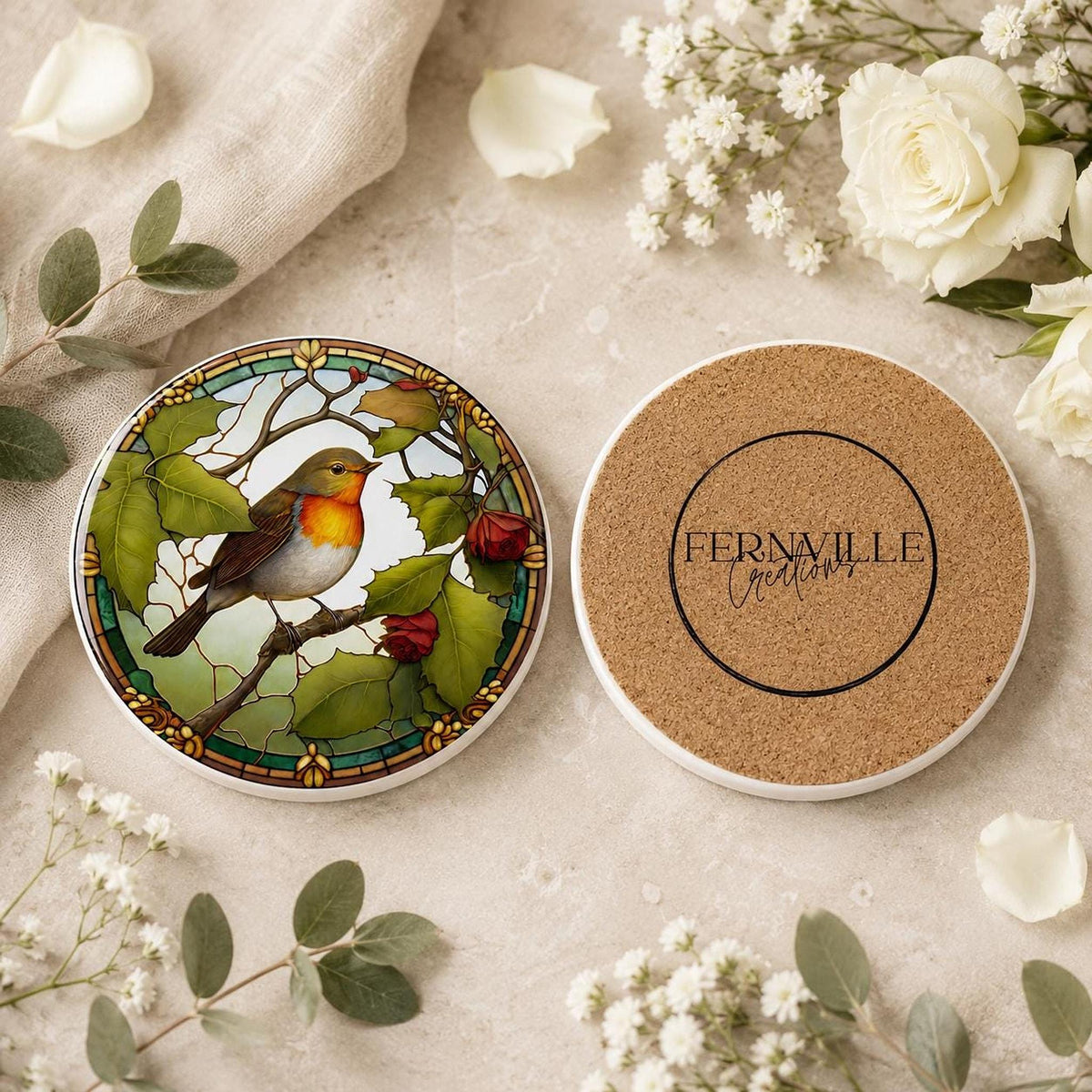 Robin Coaster, Round Ceramic Table Mat with Botanical Design