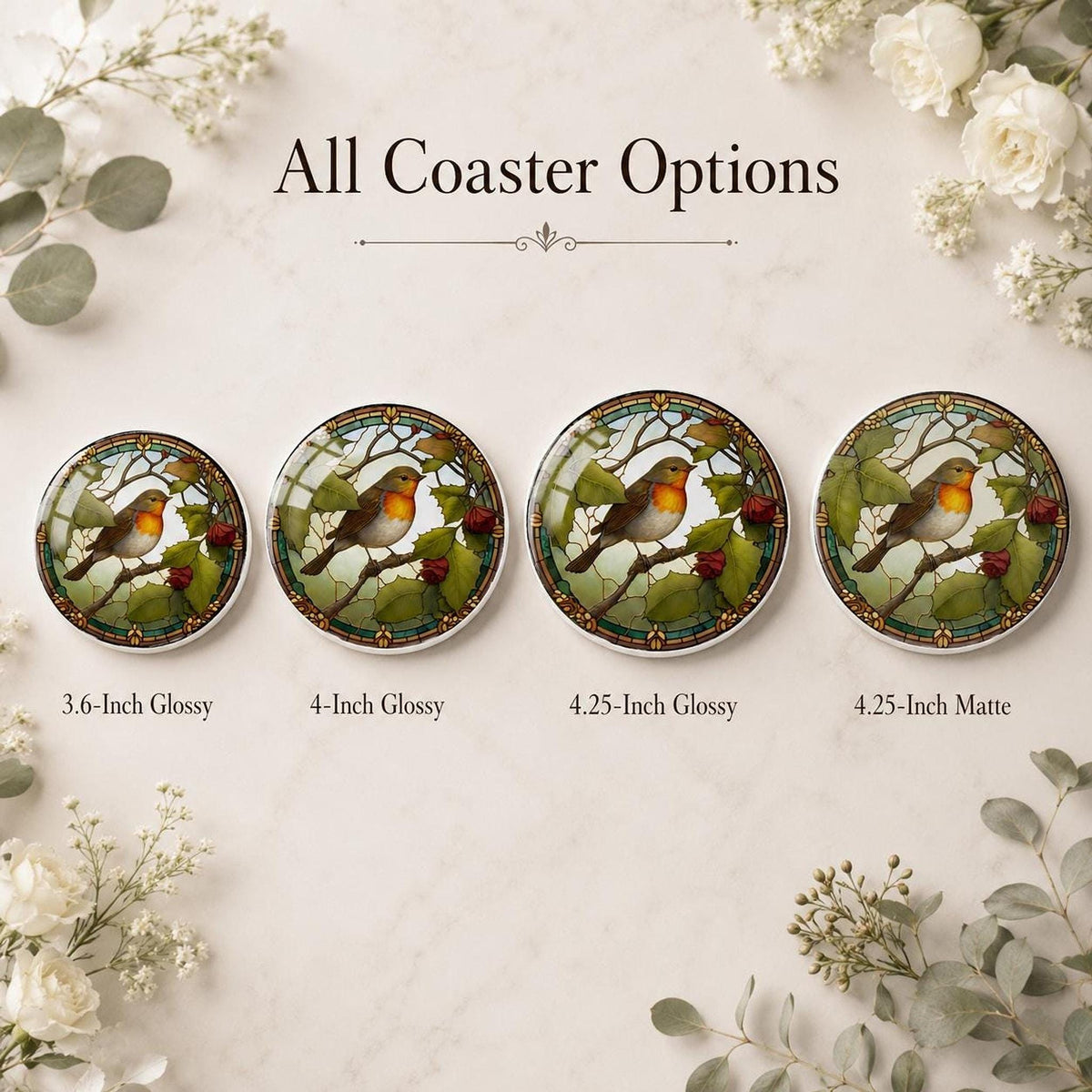 Robin Coaster, Round Ceramic Table Mat with Botanical Design