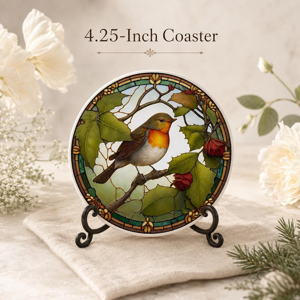 Robin Coaster, Round Ceramic Table Mat with Botanical Design