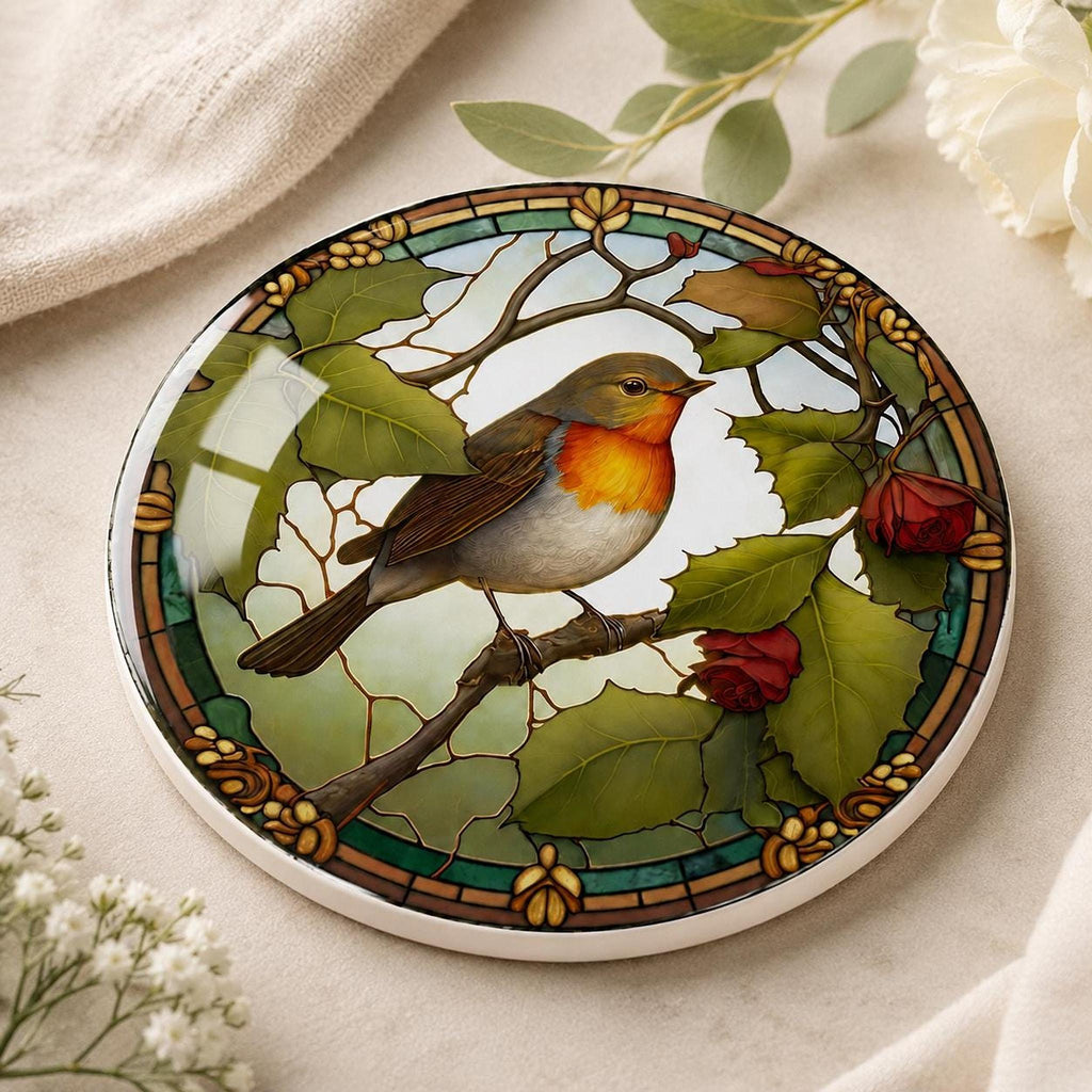 Robin Coaster, Round Ceramic Table Mat with Botanical Design