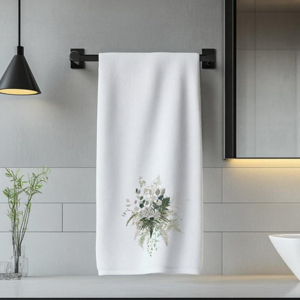 Botanical Hand Towel with Fern Print, Soft Cotton Terrycloth Bath Decor