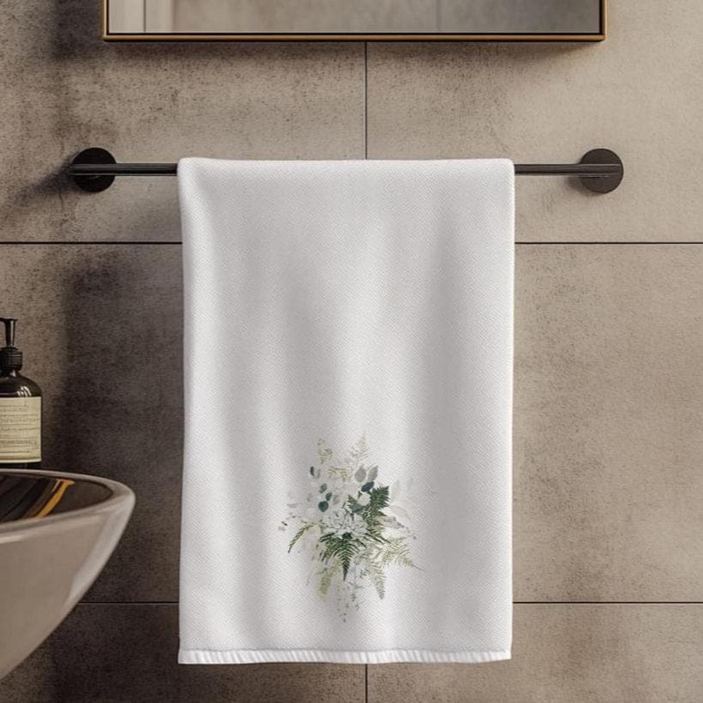 Botanical Hand Towel with Fern Print, Soft Cotton Terrycloth Bath Decor